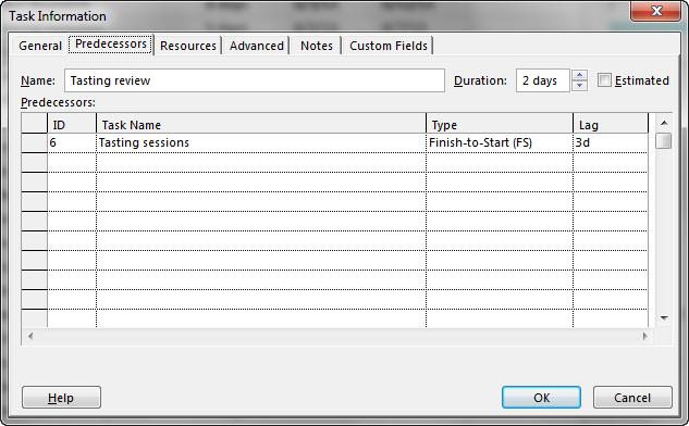6: Linking the tasks Add a lag time by using the Task Information dialog box (continued) 4 5 4 Click the Predecessors tab.