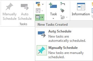 4: Creating and modifying tasks Define the default schedule mode for a project In the Task tab, click the Mode drop-down list. Select the schedule mode for new tasks.