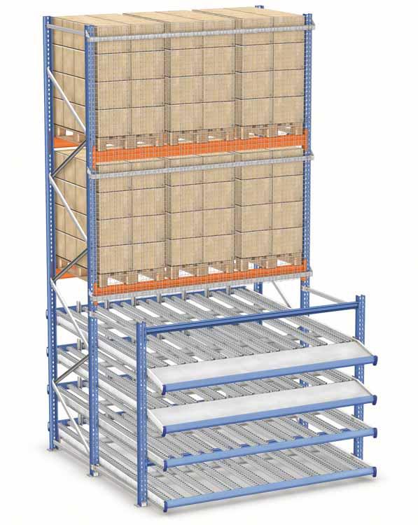 Bay with pallet reserve Usually, pallets with reserve goods are stored in the upper part of the live racking.