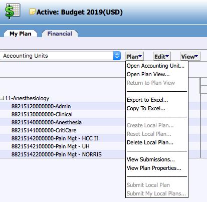 Plan Tab Open Accounting Unit Opening an accounting unit will allow you to navigate between