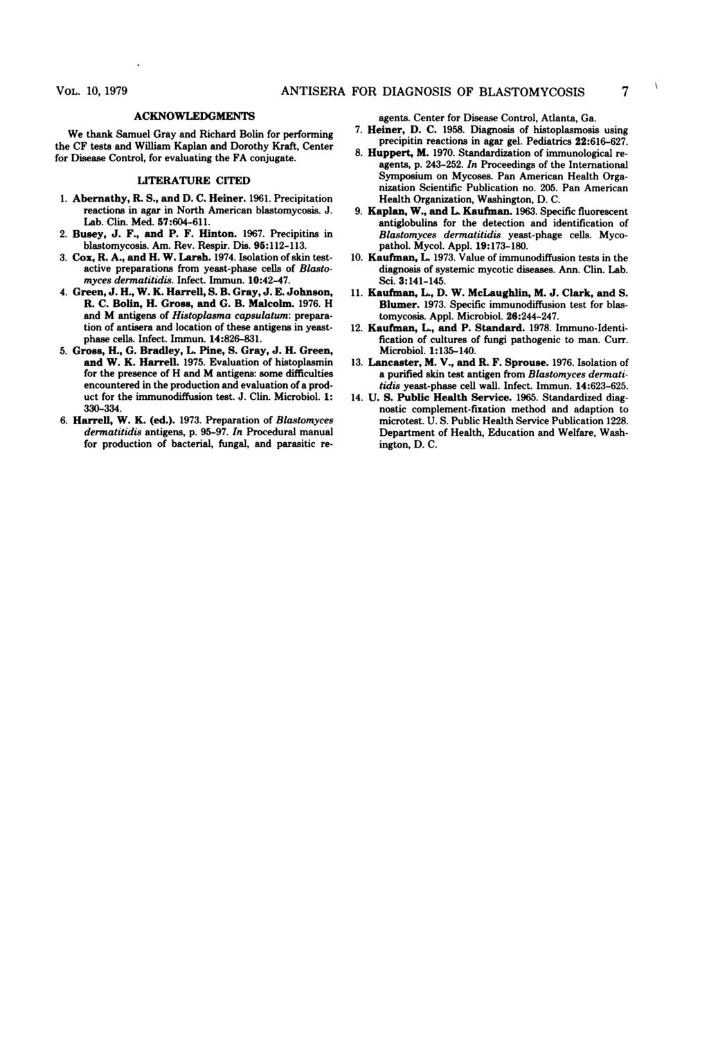 VOL. 10, 1979 ANTISERA FOR DIAGNOSIS OF BLASTOMYCOSIS 7 ACKNOWLEDGMENTS We thank Samuel Gray and Richard Bolin for performing the CF tests and William Kaplan and Dorothy Kraft, Center for Disease