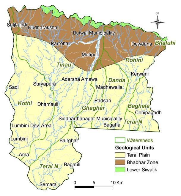 Delineation of Groundwater Potential Zone in the Indo-Gangetic Plain through GIS Analysis The Rupandehi district is geologically represented by Churia region (Siwalik), Bhabar zone and Terai Plain