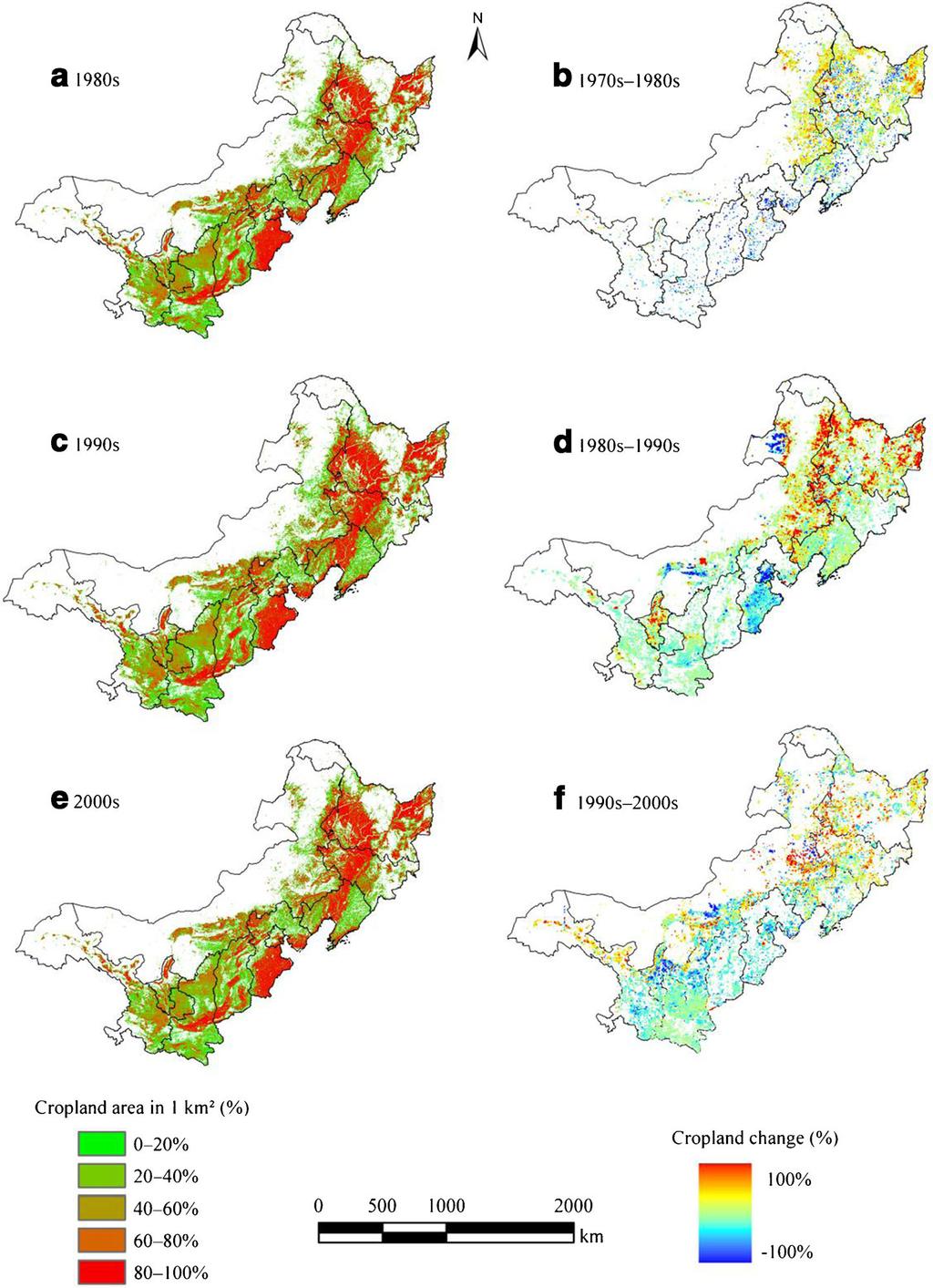 Fig. 1 Spatial distributions of cropland in the a) 1980s, c) 1990s and e) 2000s, and cropland changes from b)the 1970s to the 1980s, d) the 1980s to the 1990s and f) the 1990s to the 2000s in