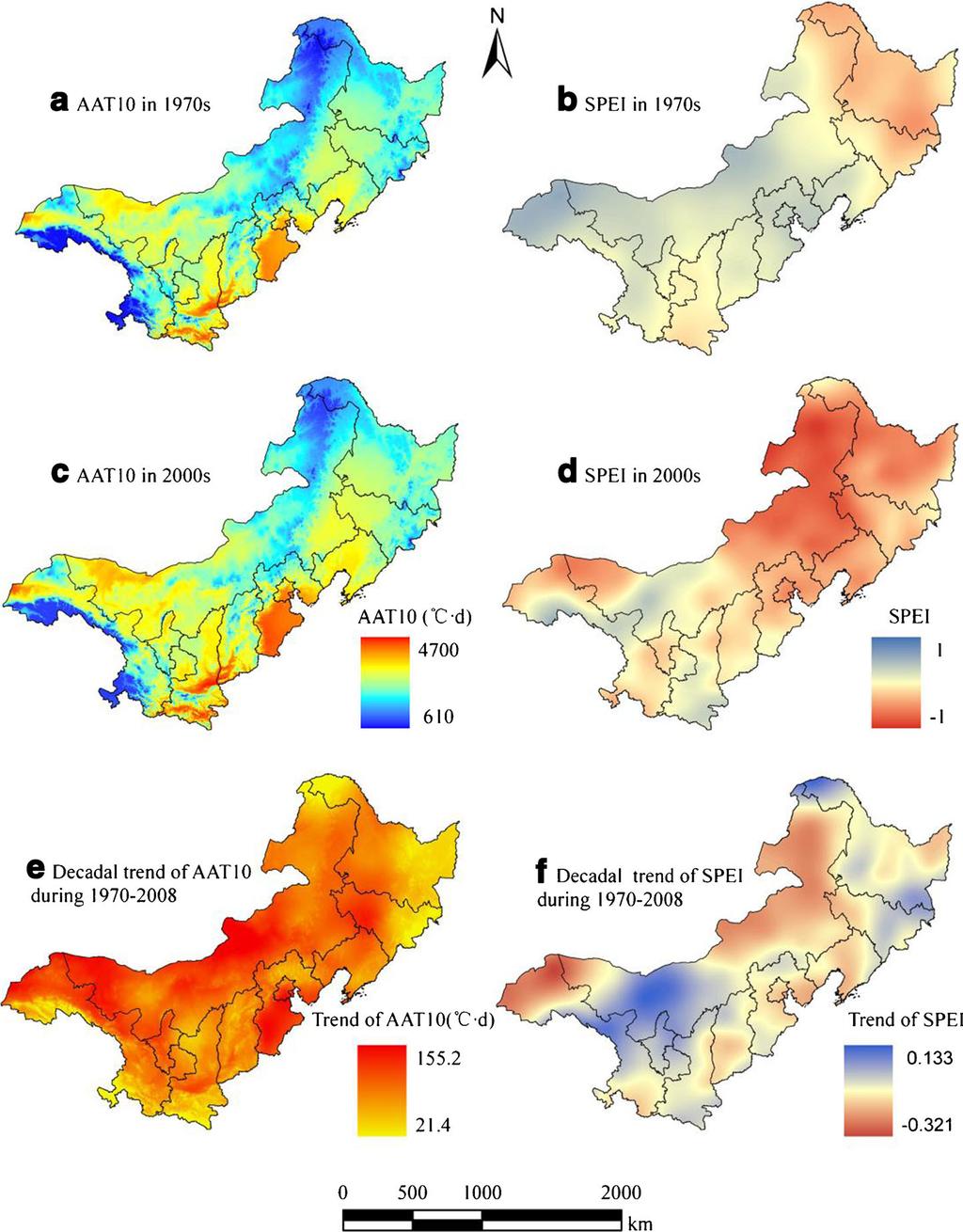 Fig. 2 Spatial distributions of the active accumulated temperatures 10 C (AAT10) and the standardized precipitation evapotranspiration index (SPEI) in the 1970s and the 2000s, and the decadal trends
