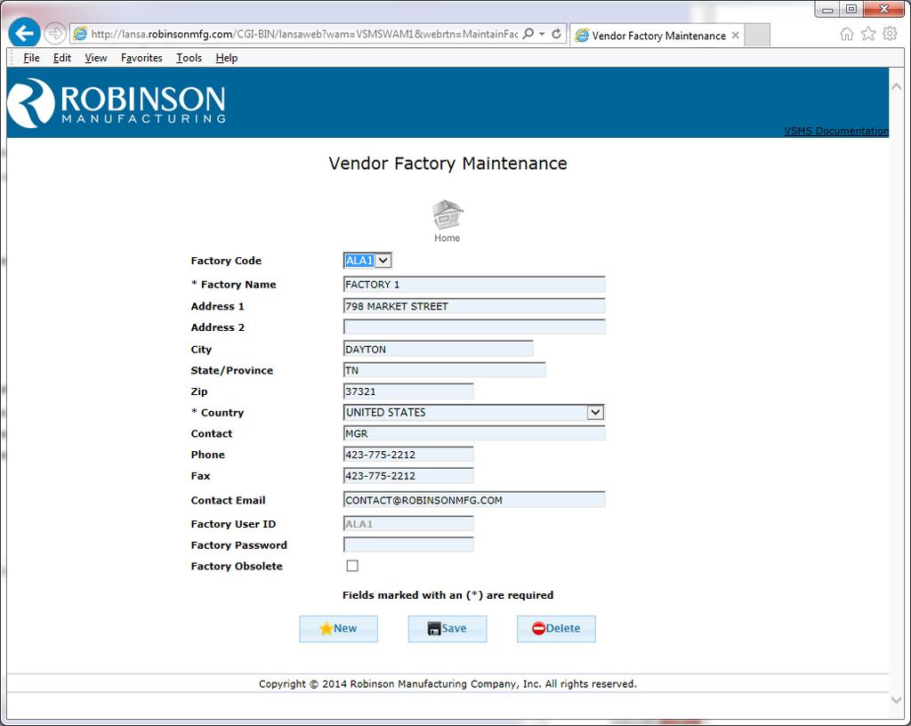 Factory Maintenance The Vendor Factory Maintenance page is used to provide details about each factory. To maintain an existing factory, choose the factory from the Factory Code dropdown.