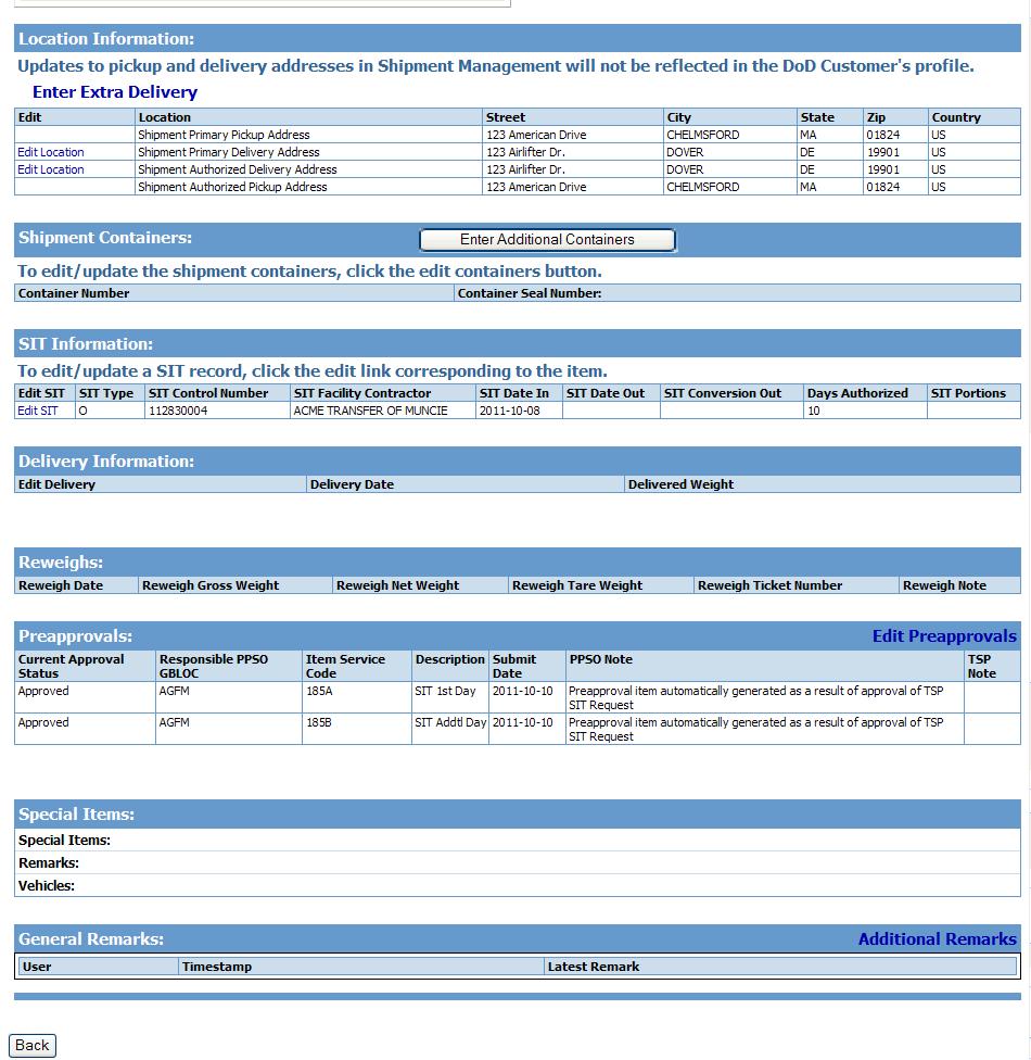Figure 3-8. View/Edit Shipment Information Page (Bottom) The Enter Additional Pickup page (Figure 3-9) is used to add a new origin address to your shipment.