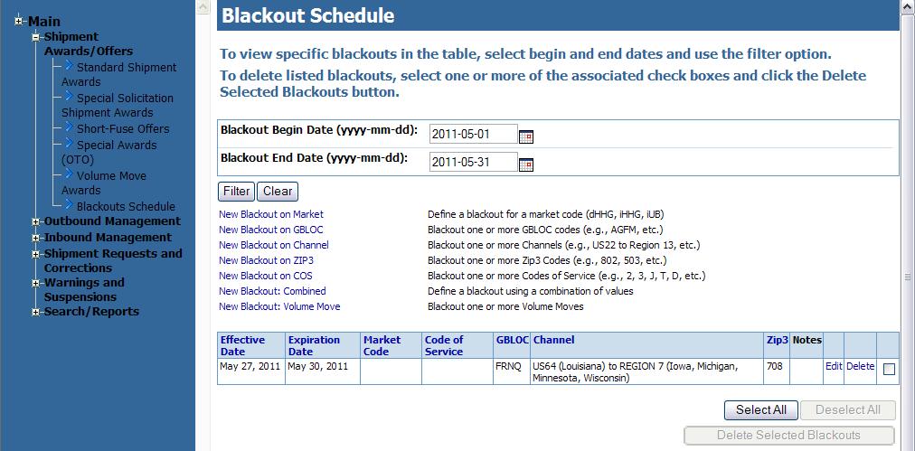 5 BLACKOUTS A blackout prevents shipments from being awarded to a TSP.