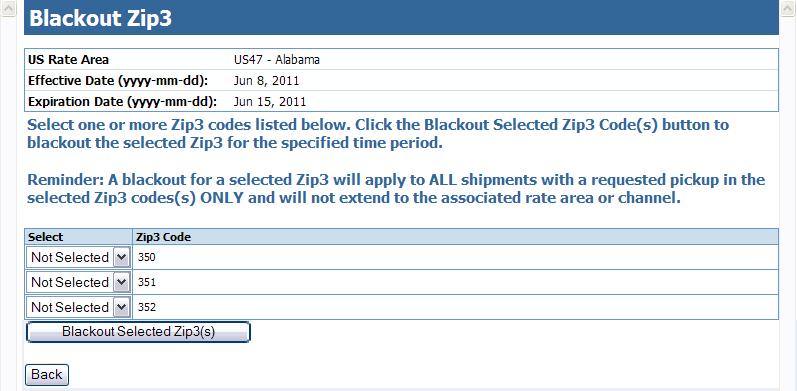 Blackout Zip3 Selection Page Choose one or more Zip3s to blackout by clicking Selected on the menu in the Select column.