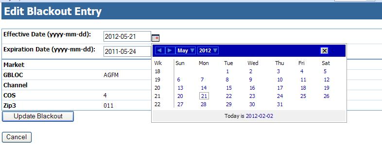 seen in Figure 5-12. Click the Update Blackout button. Figure 5-12. Select Start and End Dates The Blackout Schedule page appears.