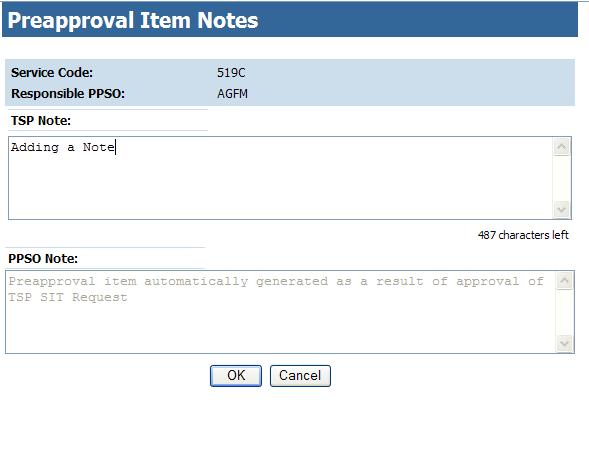 Figure 6-6. Add Preapproval Items Page After selecting preapproval items, scroll to the bottom of the page and click the OK button to add the accessorials with a status of pending (Error!