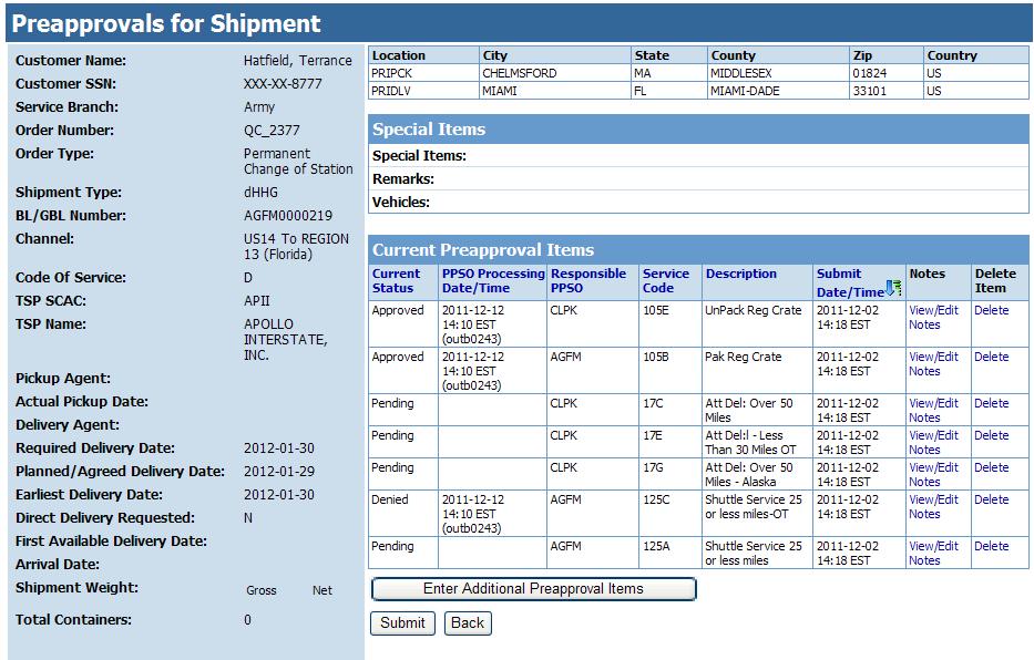 Figure 6-10. Preapprovals for Shipment Page To add services, click the Enter Additional Preapproval Items button on the Preapprovals for Shipment page.
