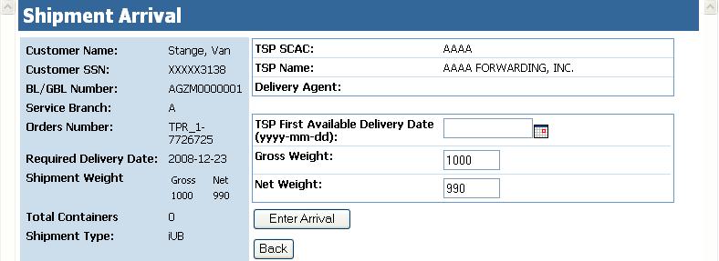Functions accessed from the Inbound Shipments page include: entering an arrival, entering a delivery, managing a split shipment, placing a shipment into SIT at destination, and viewing or editing