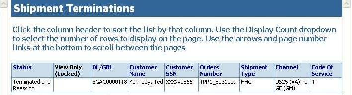 9.7 SHIPMENT TERMINATIONS Figure 9-12. Shipment Terminations Page Click View Terminations in the navigation tree to view a list of all terminated shipments (Figure 9-12).