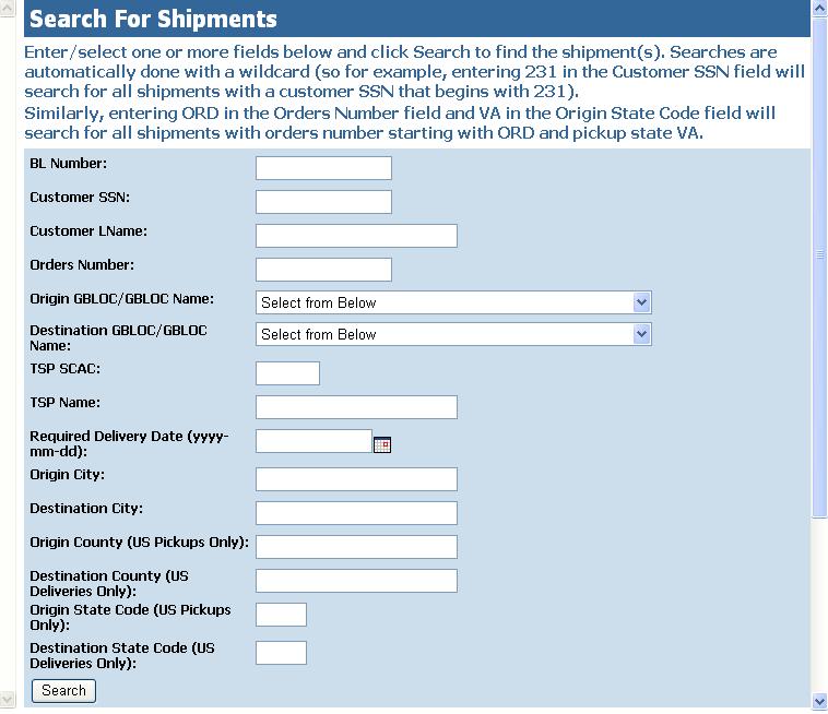 Search/Reports Menu To perform a search, click Find Shipments/Customer in the navigation tree to access the Search for Shipments page (Figure 11-2). Figure 11-2.