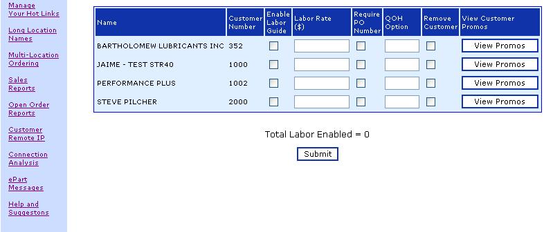 This screen gives you the ability to set up different criteria for individual customers. Let me explain these options. You can enable the Labor Guide lookups for your Customers in the catalog.