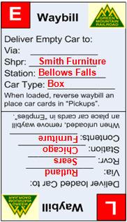 A way bill is attached to the car card to deliver the empty car to the customer in Bellows Fall. The E side is visible. 4. Car is moved on the next suitable train and spotted at the industry.