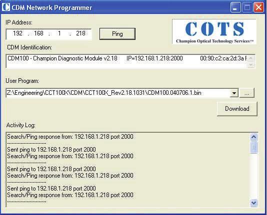 Establishing Connectivity Launch CMD Network Programmer (Start->All-Programs ->CDMNETPROG) Note: the CDM Network Programmer is available from COTS Type the IP address into the IP address field you