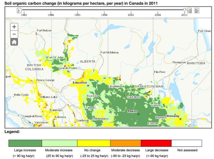 FARMING IN CANADA Soil Organic Carbon Change This map of the prairie growing region shows the increases in soil organic matter in 2011.