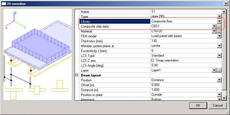Secondary beam layout (within the panel) is then specified through the options at the bottom of the property dialog. Two options (number/distance) are available.