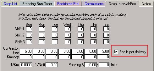 1. From the base GlobalBake menu select Sales > Run. 2. Select and Display the relevant run. 3. Select the Desp.Interval/Fee tab. 4. Enter a Contractor Fee.