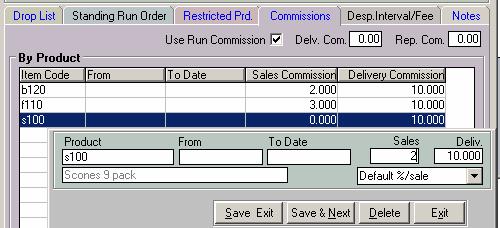 4. Enter the Sales Rep and / or Delivery Commission and select the method (from the default, percentage or dollar amount). 5. Click Save and Exit.