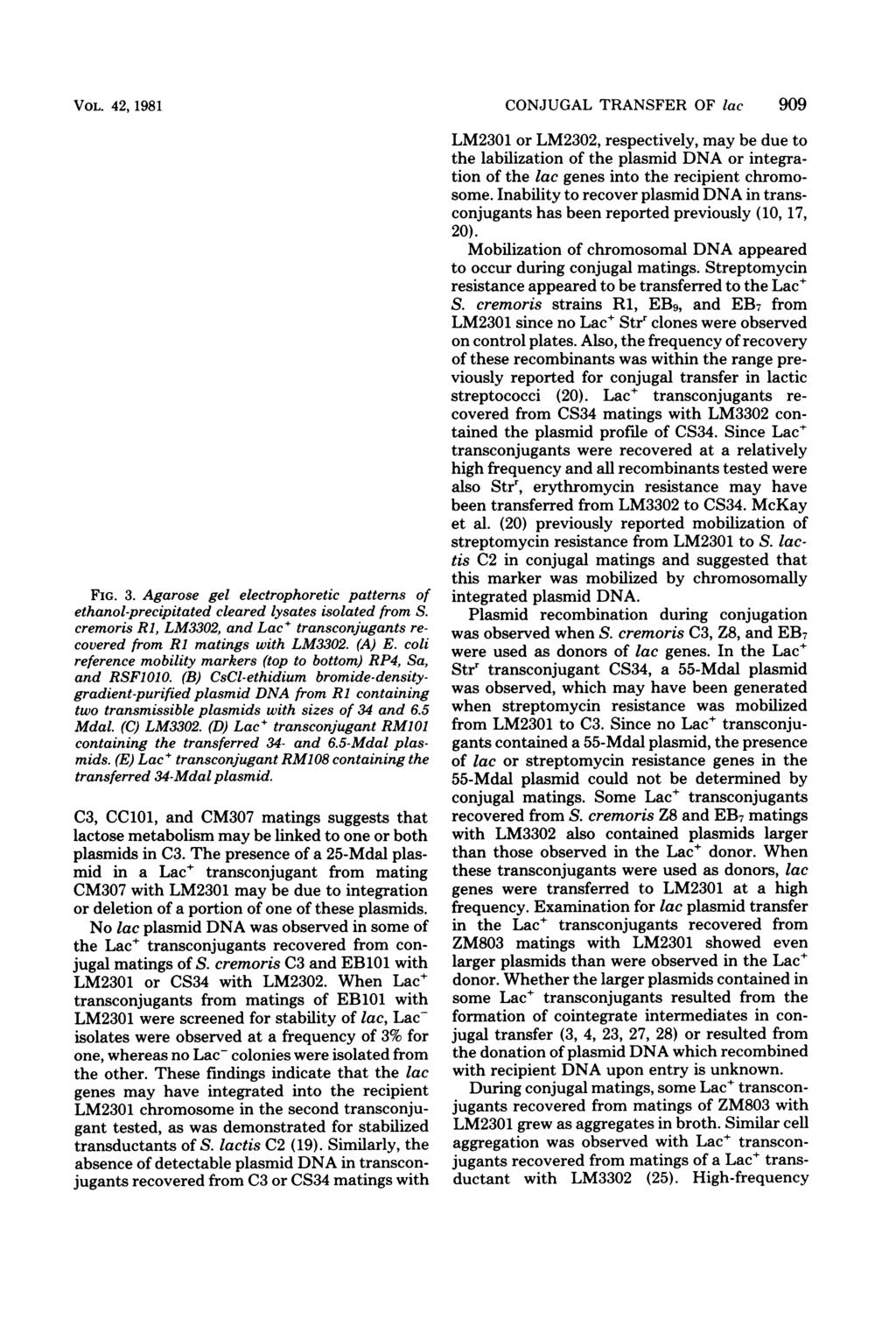VOL. 42, 1981 34 23 ABC DE FIG. 3. Agarose gel electrophoretic patterns of ethanol-precipitated cleared lysates isolated from S.