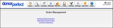 Configuring Settings DonorPerfect Online Order Management The product order module allows you to keep track of product orders associated with a gift.