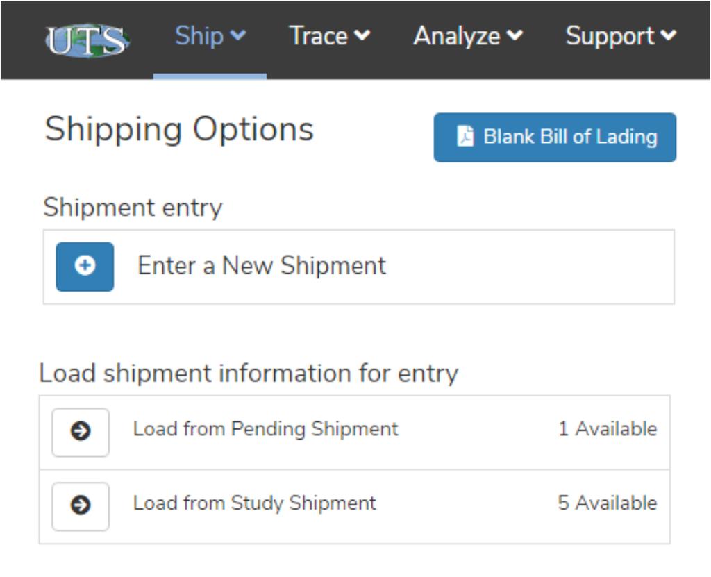 At the top of the shipment entry form is a pulldown menu for PAYMENT TYPE. The form defaults to Prepaid and autofills the BILL TO and ORIGIN sections with your company information.