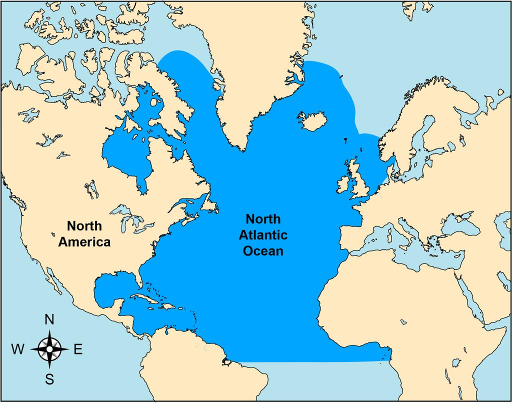 Map 1. Location of the North Atlantic Ocean Each year, right whales migrate northward and southward along the entire east coast of North America.