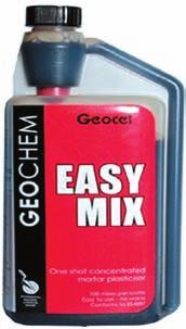 Geochem Easy Mix Description: Geochem Easy Mix is a super concentrated mortar plasticiser packed in a unique 1 Litre bottle.