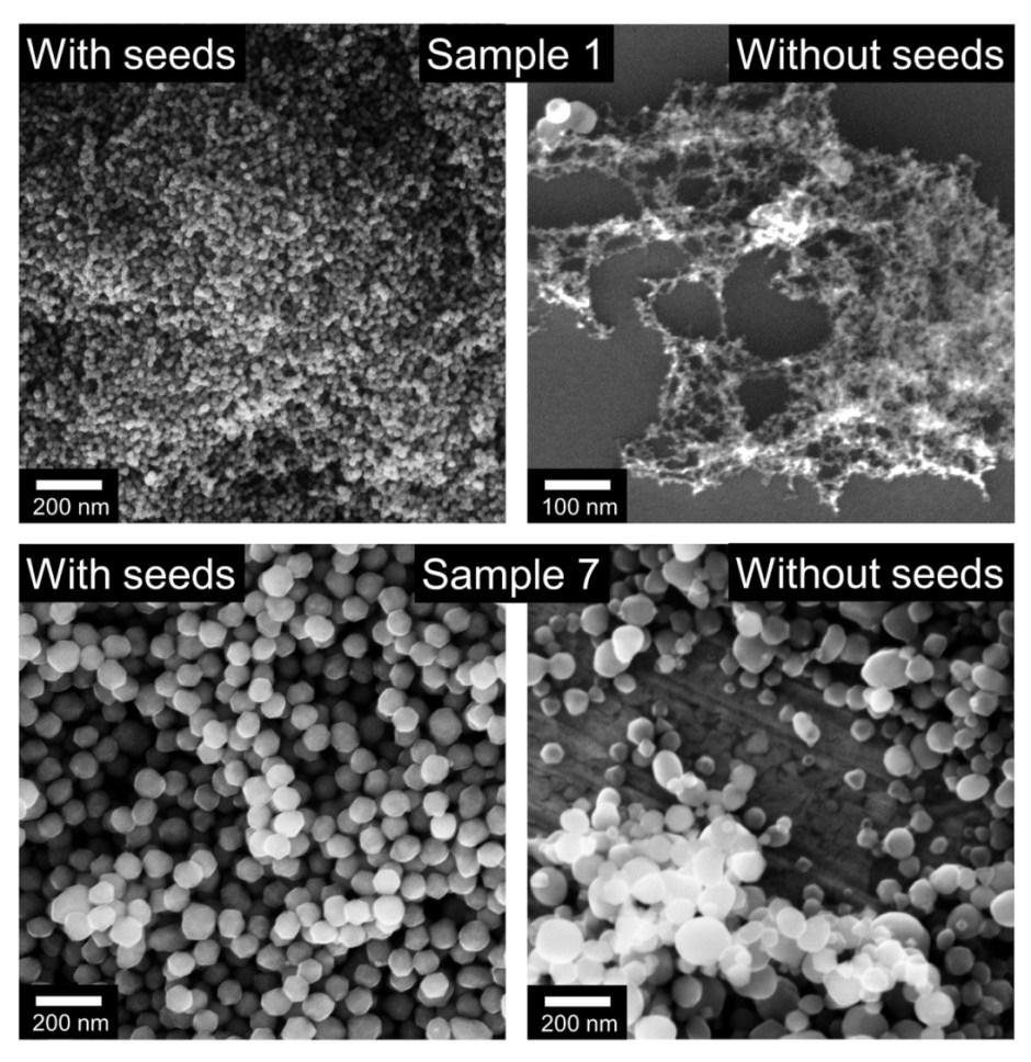 Seeding Suppl. Figure 1. SEM images of Samples 1 and 7 synthesized with and without seeding aerosol stream from HWR I.