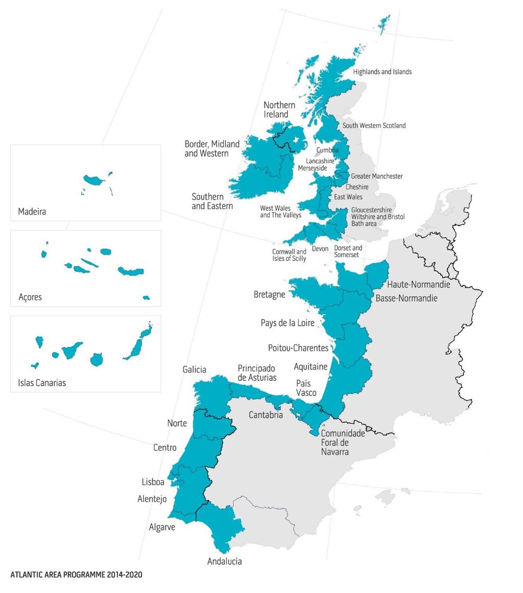 Atlantic Area map 5 Countries: Portugal, Ireland, *Spain, *France, *UK Madeira (PT),