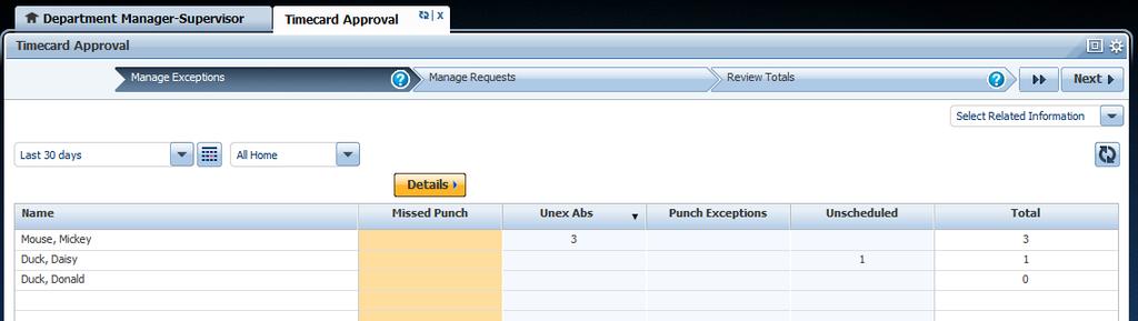 Timecard Approval: Manage Exceptions Step One: Manage Exceptions (Final Review)