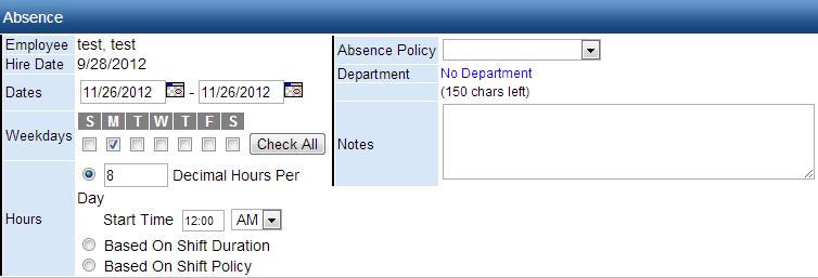 Entering Absences Click on the Enter Absence link located in the row of links directly above the main Time Card table to enter absences on the time cards of the employees you supervise.