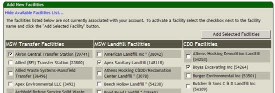 The My Facilities section is used to enter and review disposal fee data for specific facilities.