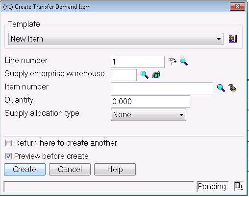 Transfer Demand Order Item Create To create an item line you would click on the create button at the right side of the Lines window.