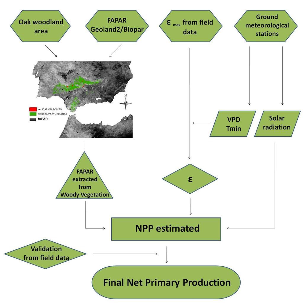 Farm Managment - Pasture Monitoring Flowchart of the implementation for pastures monitoring Using an adaptation of Monteith model (1977) for biomass production NPP (g/ha): net primary production