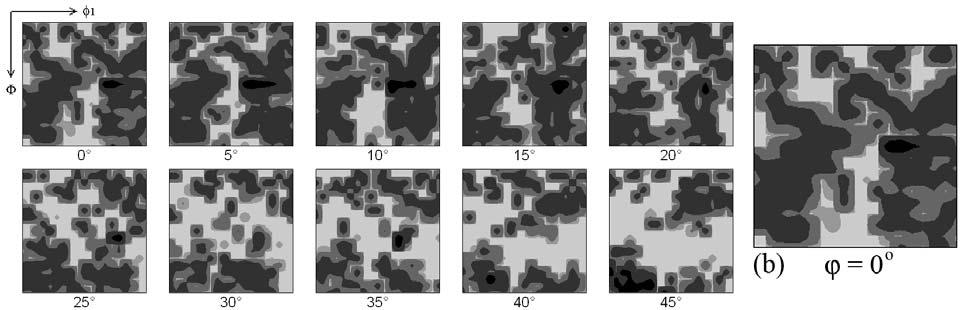 Figure 3.8: Excess dislocation density plotted in orientation space for 20% deformed material. The {011}<122> orientation shows the strongest dislocation density for the local area. 3.5 Discussion: Evolution of excess dislocation content at a given position in the polycrystal depends upon the crystallite lattice orientation and initial local lattice curvature.