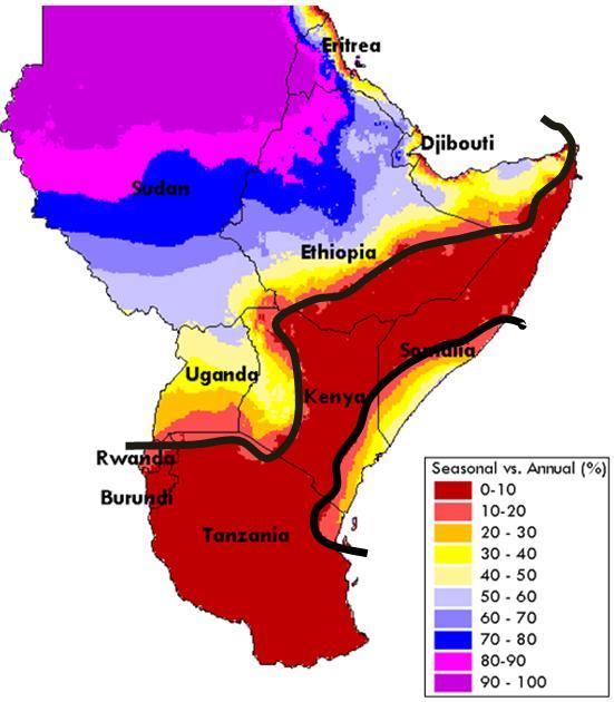 western Kenya (yellow areas of the Uni and bimodal rainfall maps, except Tanzania).