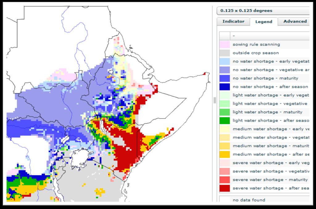 Generally good maize crop development except eastern Kenya & southern Somalia Crop Model (Maize) July 2012 Water satisfaction index for different vegetative stages of maize shows good