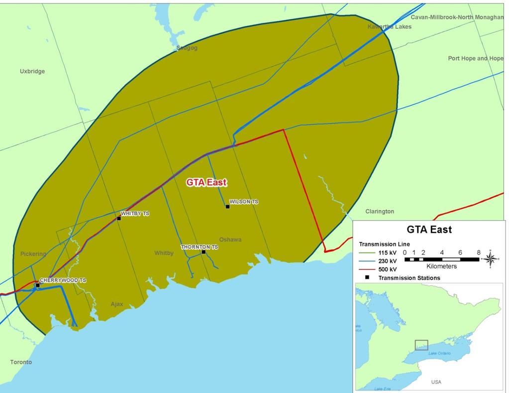 Figure 1: GTA East Region Map Electrical supply to the GTA East Region is provided through 500/230kV autotransformers at Cherrywood Transformer Station (TS) and five 230 kv transmission lines