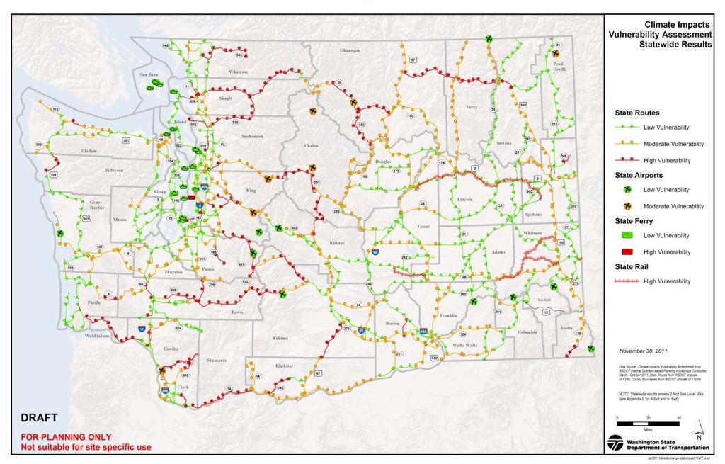 In the statewide map (below), red shows high likelihood of vulnerability, yellow denotes roads that could experience temporary operational failures at one or more locations, and green indicates roads