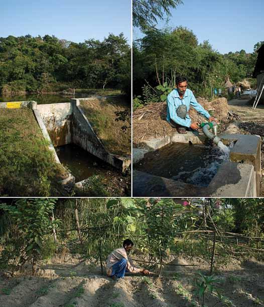 Left: Concrete water harvesting dam in village Amlehar in Una district Right: Dev Raj, a farmer