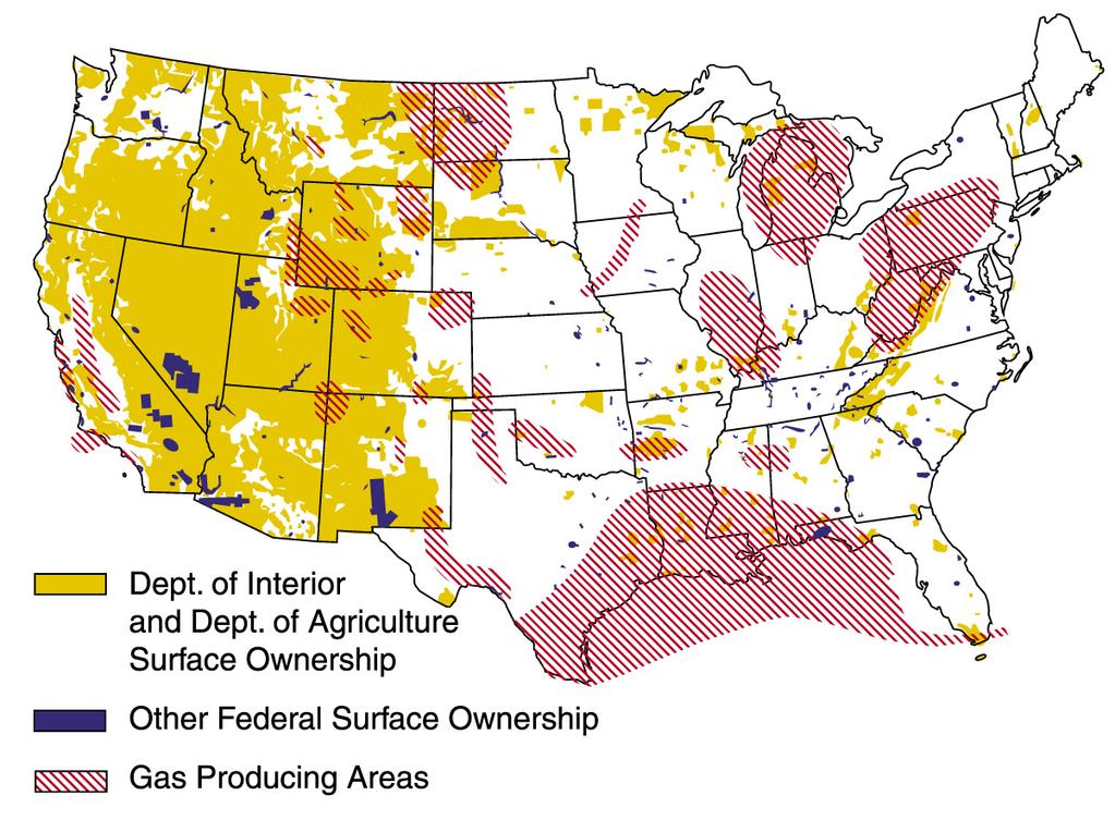 Location of gas-producing areas in the United States Carbon