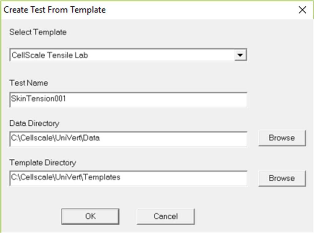 Use the template CellScale Tensile Lab. Use an appropriate name for your test and store your data in a folder on the local hard drive. 3.