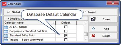 5.1 - Database Default Calendar Database Default Calendar is selected in the Enterprise, Calendars form, This controls the Working time displayed for all projects and all Views: 5.