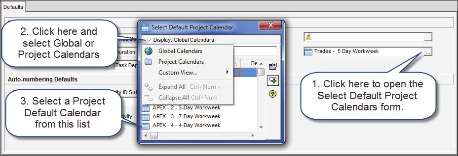 3 - The Default Project Calendar A project is assigned a Default Project Calendar and this may be either a Global or Project calendar, All new activities are assigned the project Default Project