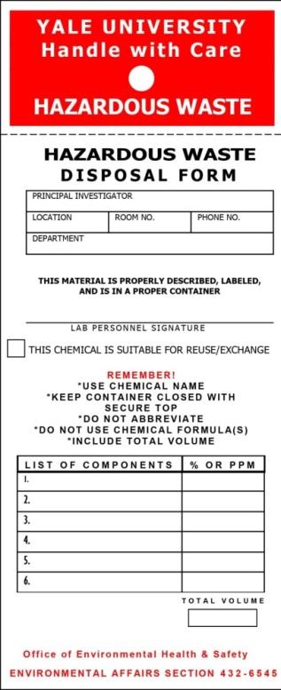 Generator (Principal Investigator): name and telephone number of the individual responsible for supervising the process generating the waste. Amount: the total volume of chemical in the container.