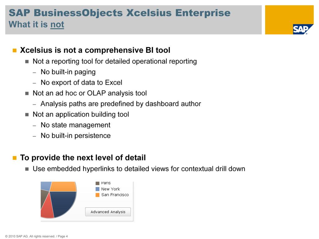 Xcelsius is not inteded to replace comprehensive BI tools where you can do your detailed operational reporting or OLAP analysis. 1.