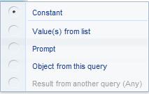 The Query Filters have a number of different conditions that can be specified for use with the filter value and